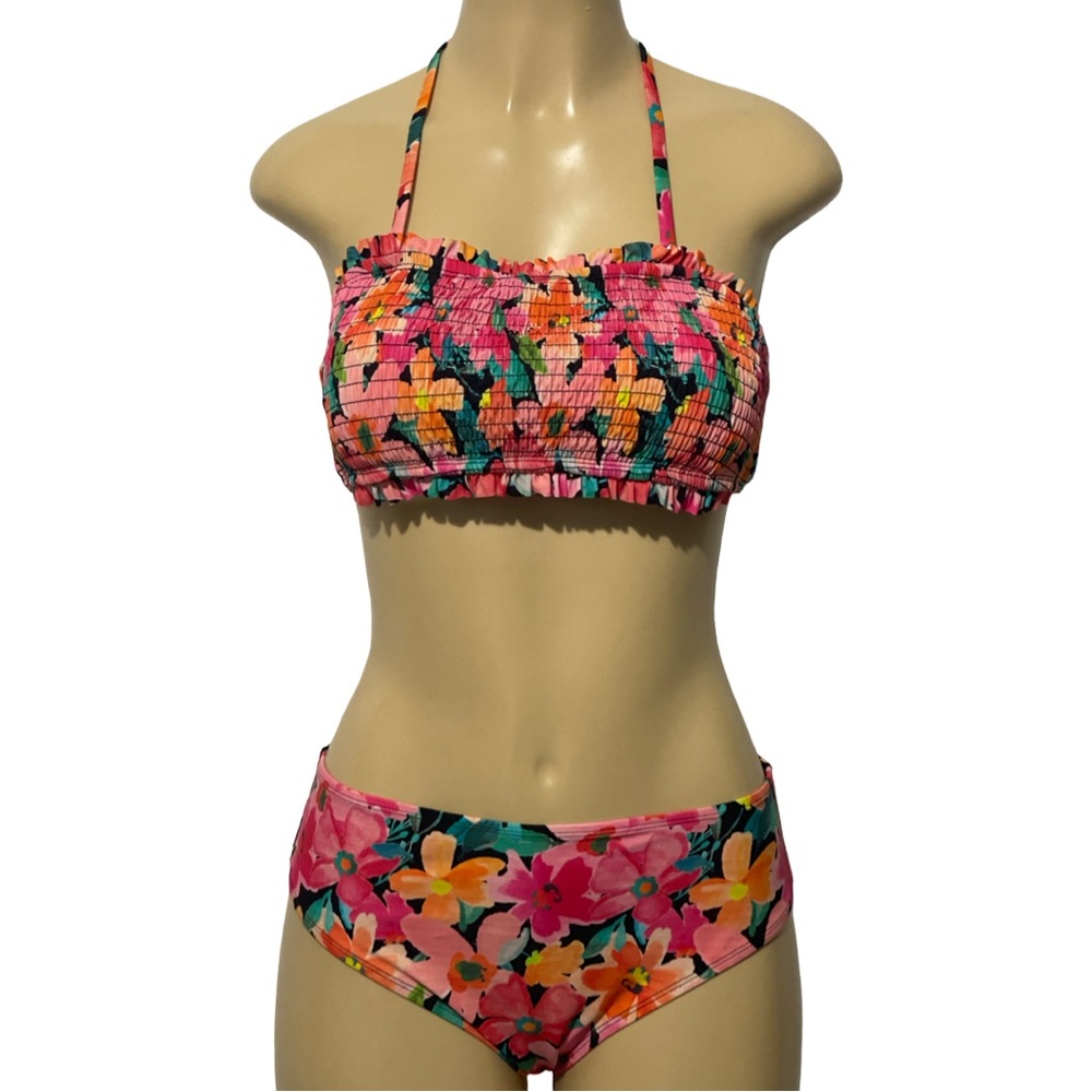Floral Pink Smocked Bandeau Mid Rise Two Piece Bikini Set Adjustable Halter Top